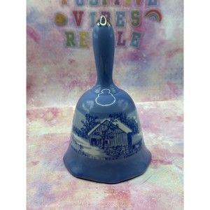 Porcelain Blue Table Bell Currier & Ives The Old Homestead in Winter ~ Vintage